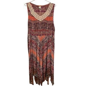 Bila V Neck Sleeveless Boho Smocked Waist Lace Maxi Dress‎ Size Large